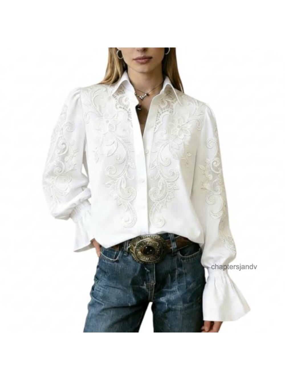 Women's Floral Embroidered Blouse V-Neck Ruffle Cuff Long Sleeve 100% Cotton